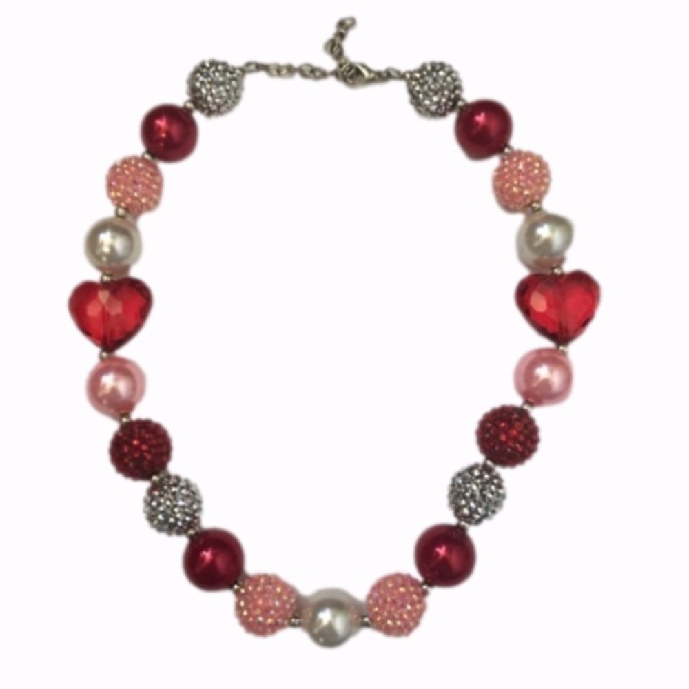 Fun Chunky Sparkle Heart Large Plastic Beaded Silver-Tone Necklace